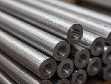 Macro detail of polished stainless steel round bars stacked in an industrial warehouse, cool metallic tones, sharp focus on steel textures, high-contrast studio lighting