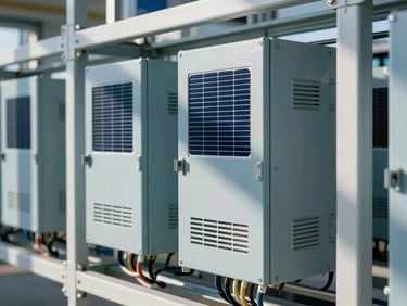Close-up of industrial solar inverters and neatly routed heavy-duty wiring inside a clean, modern plant room, bright direct sunlight casting crisp technical shadows
