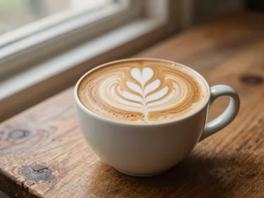 Artisanal double-shot latte with perfect milk foam art in a ceramic cup on a rustic wooden table, soft window light