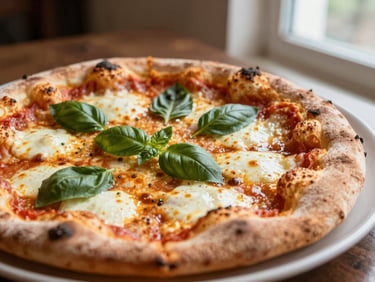 Glistening crust of a fresh stone-baked Margherita pizza with bubbling mozzarella and fresh basil leaves, macro shot, warm side light
