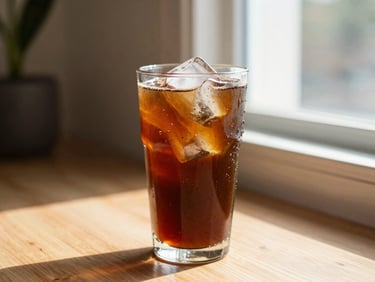 Vibrant cold brew coffee served over a large clear ice block in a tall glass, condensation glistening, warm afternoon sun
