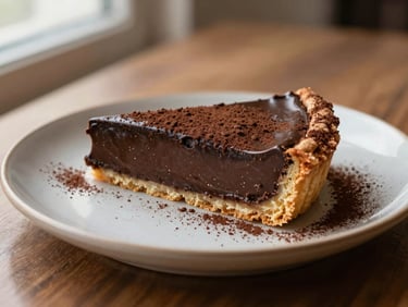 Indulgent slice of rich dark chocolate ganache tart on a ceramic plate, dusted with cocoa powder, warm lighting
