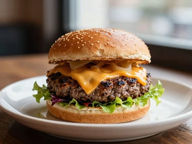 Gourmet brioche burger with a juicy grilled patty, melted cheddar, and crisp heirloom lettuce, warm editorial food photography