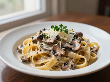 Plate of fresh hand-rolled fettuccine pasta in a rich, creamy wild mushroom sauce, garnished with shaved parmesan and parsley