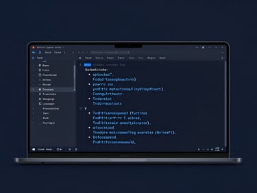 Sleek code editor showing clean TypeScript banking logic, neon blue syntax highlighting, deep slate background, sharp focus, 35mm