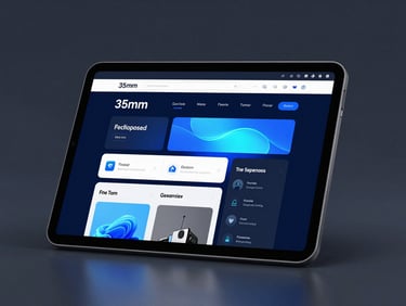 Modern responsive web application displayed on a sleek tablet screen, dark mode interface with vibrant neon blue accents, professional studio lighting, sharp focus, 35mm