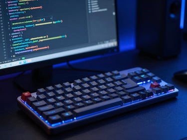 Sleek close-up of developer workspace, mechanical keyboard, code editor displaying clean TypeScript syntax on screen, neon blue ambient lighting, 35mm