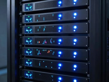 Server rack dashboard with glowing blue status lights, clean system monitoring charts on a dark screen, futuristic tech photography, sharp focus, 35mm