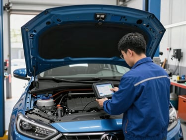 Straight-on medium shot of a clean auto shop bay with bright natural workshop light, a mechanic analyzing a diagnostic scanner screen under an open hood, cool blue tones.
