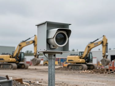 A rugged security camera enclosure mounted on a steel pole overlooking a commercial jobsite, overcast sky, heavy machinery in background, gritty realistic lighting