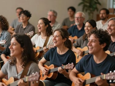 Wide environmental shot of a small group of adults mid-song, faces smiling and concentrated, warm indoor light, ukuleles visible across the frame, candid and social