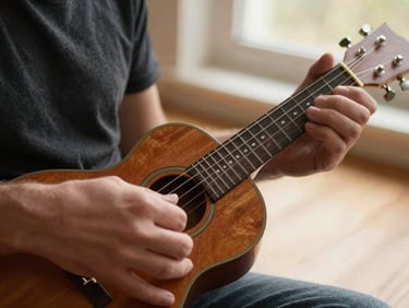 Close-up of adult hands fingering a ukulele chord, golden afternoon window light, wooden surface in background, natural and unhurried