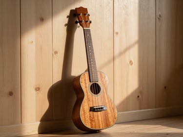 A ukulele leaning against a sun-lit timber wall, soft afternoon light casting a warm glow across the wooden body and strings, quiet and inviting