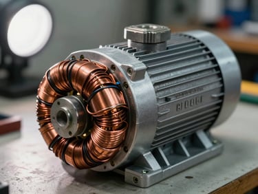 Extreme close-up of an electric motor assembly on a workshop bench, hard studio strobe from upper left, copper windings and aluminum housing in sharp focus, no hands, no background