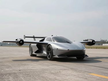 Wide three-quarter front angle of a sleek flying car prototype on a concrete test pad, overcast sky behind, electric propulsion nacelles visible on swept wings, no people, hard studio-style daylight