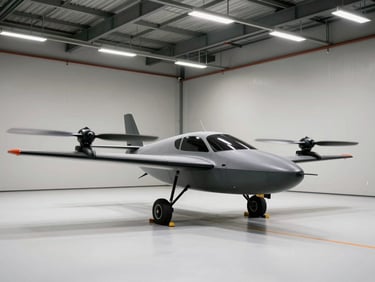 Wide-angle shot of a flying car prototype in a controlled hangar environment, three-quarter front angle, white floor, overhead industrial lighting, no people, rotors visible and stationary