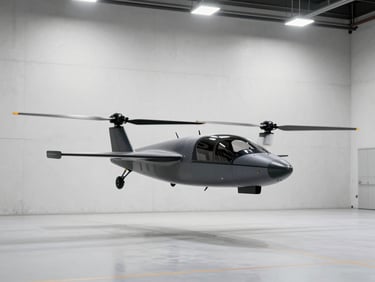 Wide three-quarter view of a flying car prototype on a clean hangar floor under bright studio strobes, rotors visible above cabin, shot against a stark white concrete wall, no background clutter
