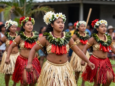 Samoan dancers in traditional titi and pale ula performing in unison, vibrant colors, sharp focus, authentic atmosphere.