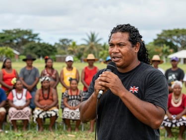 A Samoan field reporter speaking into a microphone with a local community gathering in the background, daytime.