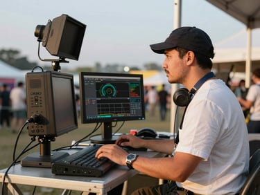 A broadcast engineer monitoring professional live-streaming equipment at a cultural festival, golden hour.