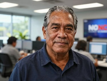 Close-up portrait of a senior Samoan editor in a modern newsroom, natural lighting, professional atmosphere.
