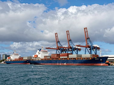 A wide shot of Apia harbor with cargo ships and cranes under a dramatic cloudy sky, sharp focus, photojournalism style.