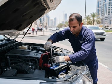 A bright, high-contrast action shot of a professional technician in a clean branded uniform installing a car battery under the open hood of a modern SUV on a Dubai roadside, bright midday sunlight.
