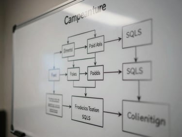 Macro close-up of a physical whiteboard detailing campaign architecture diagrams, technical tracking scripts, flowcharts connecting paid ads to SQLs, sharp low-key ambient light with screen glare reflections.