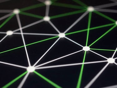 Abstract high-contrast network visualization on a dark screen, sharp green and white lines connecting nodes, macro lens, shallow depth of field.