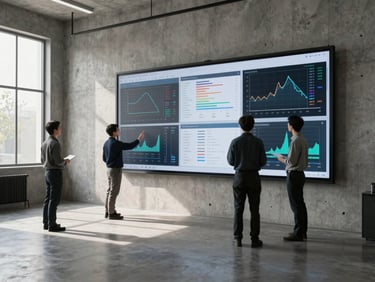 Wide environmental shot of researchers analyzing data visualizations on a large screen in a minimalist concrete studio, sharp shadows, natural side light from window