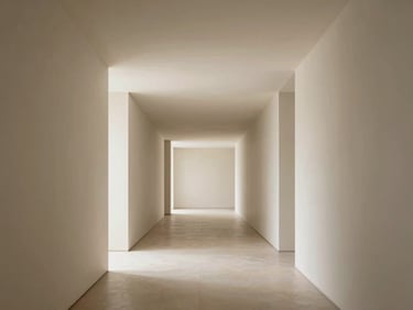 Symmetrical wide shot of a luxury minimalist hallway, clean lines, warm neutral tones, soft diffuse daylight, architectural symmetry