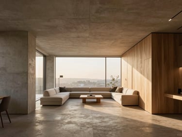 Symmetrical architectural shot of a luxury penthouse interior, concrete and warm wood finishes, soft golden hour sunlight, minimalist furniture, 35mm format