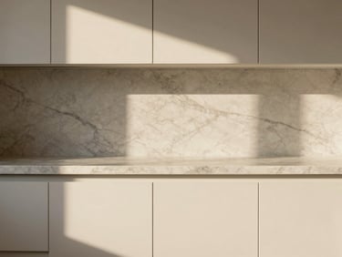 Close-up architectural detail of a luxury kitchen counter, marble texture, soft golden hour sunlight casting elegant shadows, minimalist design, medium format