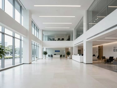 A wide environmental shot of a pristine, modern corporate lobby with clean architectural lines, bright cool daylight streaming through windows