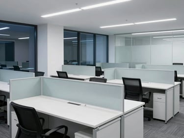 Crisp clean corporate office interior at night, pristine desks and spotless glass partitions, cool professional tones