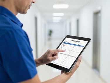 Close-up of a professional day porter updating a digital facility compliance log on a tablet in a spotless corridor, bright corporate lighting