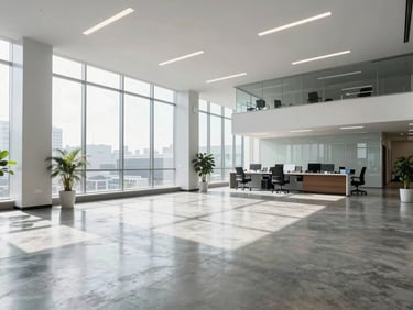 Bright clean corporate office lobby with polished concrete floors and large windows, morning sunlight, crisp cool tones, professional environment