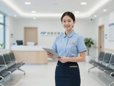 A professional day porter in clean uniform sanitizing a modern medical clinic waiting room, bright even corporate lighting