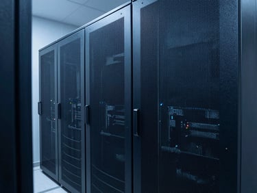 Cool crisp architectural server room with clean lines, geometric compositions, deep slate and blue tones, sharp focus, 35mm lens.
