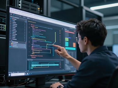 Close-up of a developer analyzing complex data schemas on a high-resolution screen in a cool, crisp architectural server room, 35mm lens.