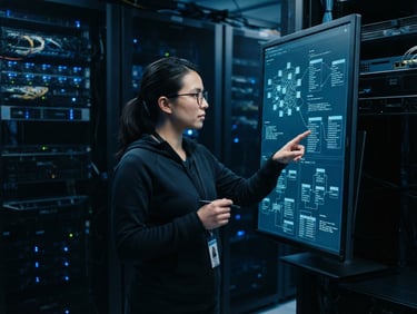 Medium shot of a developer analyzing complex data schemas on a high-resolution screen in a server room, cool crisp architectural lighting with subtle blue tones, 35mm lens, sharp focus