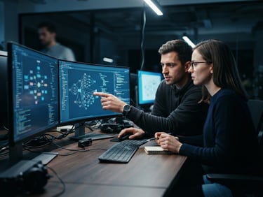 Close-up of developers analyzing complex data schemas on high-resolution screens, cool crisp architectural lighting, deep slate and blue tones, sharp focus, 35mm lens.
