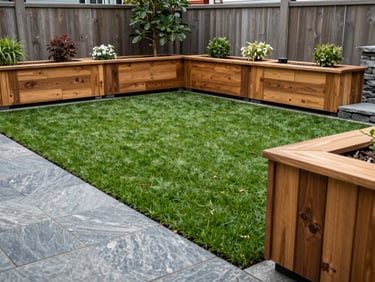 Crisp artificial turf installation framed by modern cedar planters and stone borders, high-end Vancouver backyard