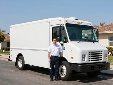A professional Binjoy driver in a clean uniform smiling next to a modern, well-maintained delivery truck parked on a quiet, tidy Los Alamitos residential street.