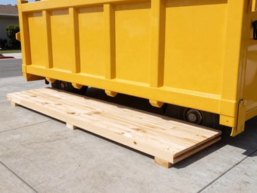 Close-up shot of heavy-duty wooden protective boards positioned neatly under the steel wheels of a bright yellow roll-off dumpster on a clean concrete driveway, bright California sun.