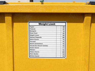 A clear, close-up photograph of a clean weight-limit and pricing label on the side of a bright yellow dumpster, sharp focus, direct sunlight.