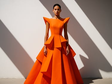 A model in a structured architectural orange gown standing against a stark white gallery wall, harsh tropical sunlight casting dramatic shadows.