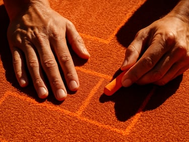 Extreme close-up of hands chalking a pattern on heavy structured wool, harsh high-contrast tropical sunlight casting sharp shadows, vivid orange chalk lines, high-fashion editorial photography, 35mm lens.