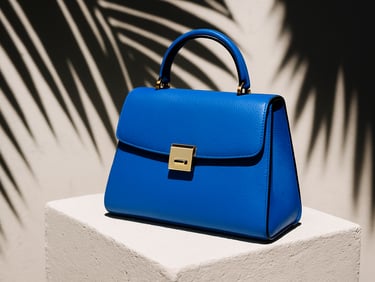 An electric blue structured leather handbag resting on a white concrete block under high-contrast tropical sunlight.