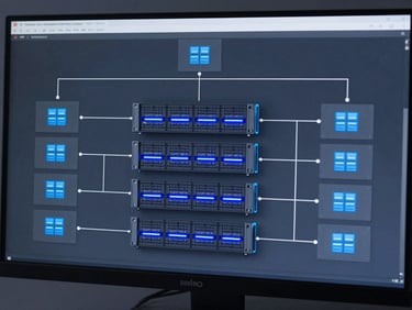 A detailed technical network architecture diagram on a monitor, showing redundant server nodes and firewall configurations, cool blue LED highlights.